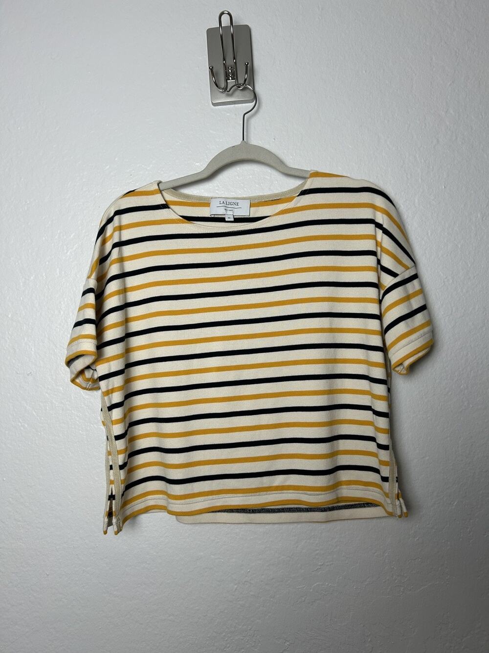 La Ligne Breton Tee Blue and Yellow Striped Nautical Boat Neck Cropped Boxy Sz M